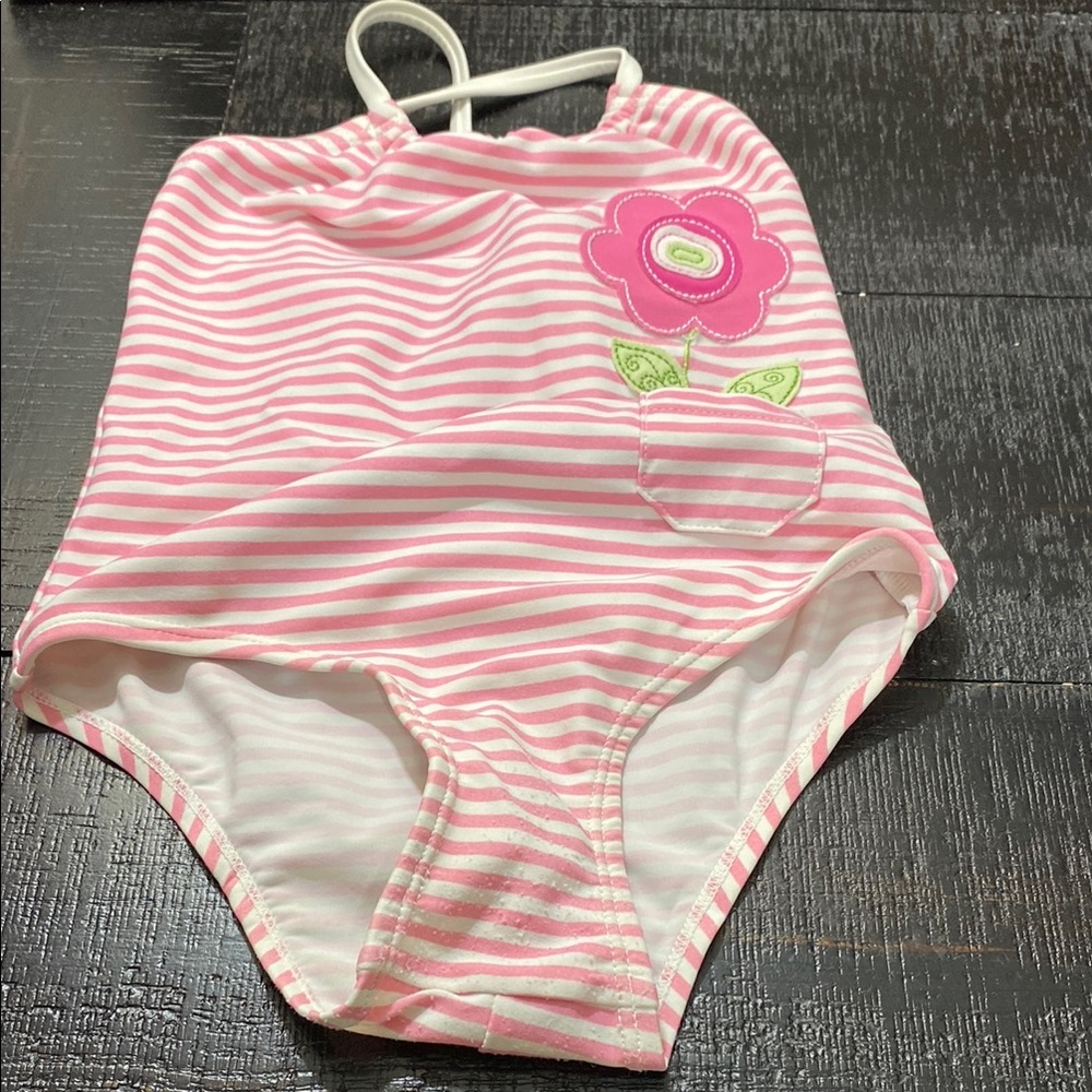 Koala Kids 48 MO. Pink & White Girls' One-Piece Swimsuit with Flower Applique!